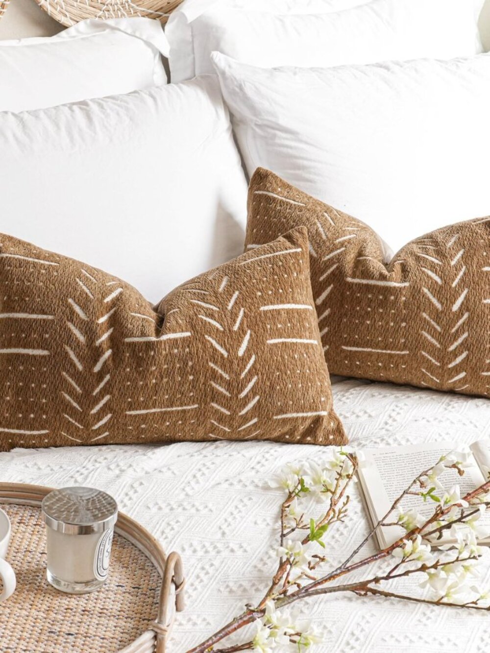 Decorative Lumbar Throw Pillow Covers 12X20 Set of 2, Brown Boho Farmhouse